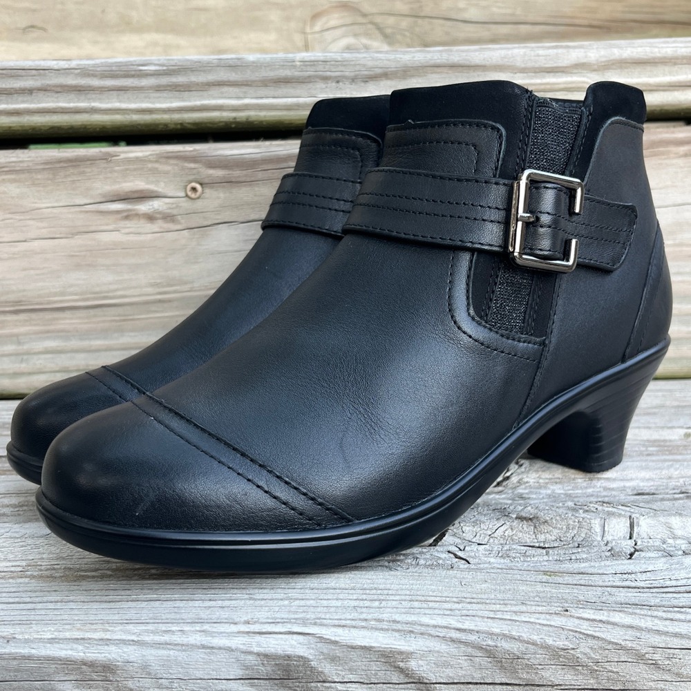 Women’s Black Leather Ankle Booties with Buckle Strap